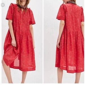 Free People Red Floral Print Button Front Tiered Midi Dress w Slip Size S